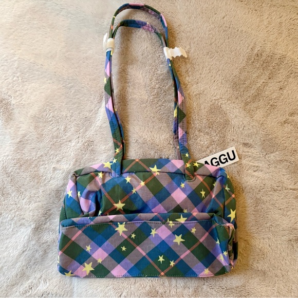 NWT BAGGU Nylon Bowler Bag Green Star Plaid - Picture 4 of 11